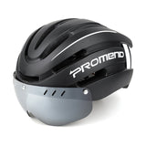 PROMEND Capacete para bicicleta Capacete para ciclismo com luz LED recarregável moldado internamente Capacete para ciclismo de estrada de montanha Chapéu de segurança esportiva para homem