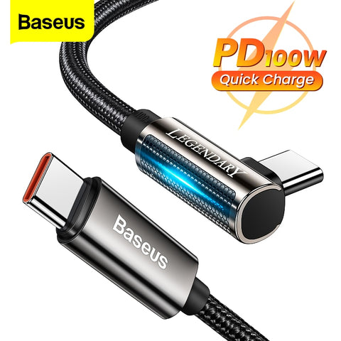 Baseus PD 100W USB Type C to USB C Cable 5A Fast Charging Charger USB-C 90 Degree Date Cable For Xiaomi Samsung S21 Type-C Cord