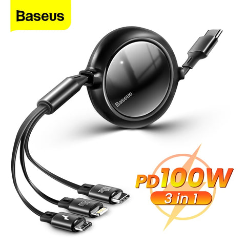 Baseus 100W 3 in 1 USB C Cable for iPhone 12 Charger Micro USB Type C Fast Charging for Macbook Samsung Xiaomi Retractable Cord